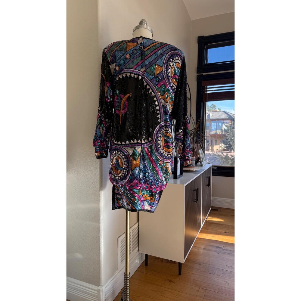 Judith Ann Creations Vintage Sequin Wearable Art Deco Mini Statement Dress Silk - Picture 4 of 16